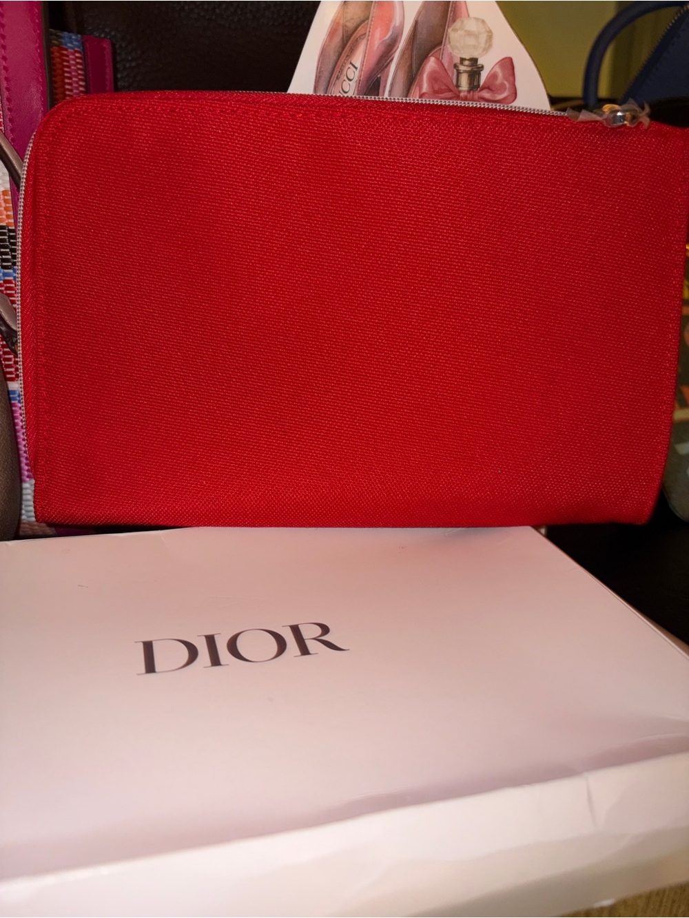 DIOR Cosmetic bag Red Canvas Pouch with Subtle Embossed Logo and box - Picture 2 of 4